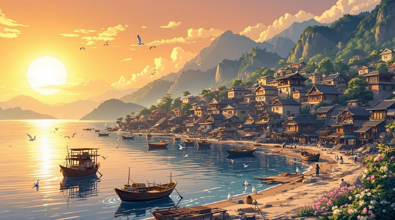 短剧影视 - 海边渔村温暖黄昏全景，金色夕阳下的渔港，停泊的小渔船，传统石屋与远山